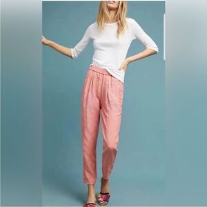 Anthropologie Striped High Rise Cropped Linen Pants in Coral M